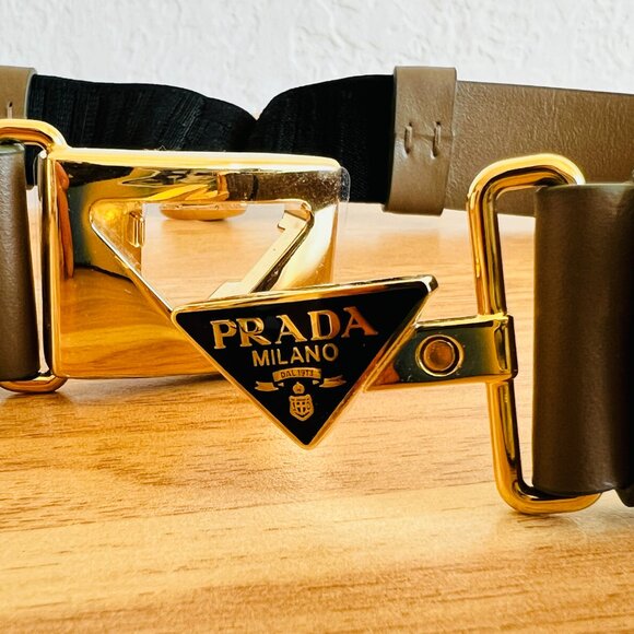 FREE SHIP Auth PRADA Khaki Light Brown Tan Leather Belt with Gold Logo Buckle - Picture 2 of 4